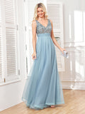 V Neck A-Line Prom Dress Floor-Length Tulle With Sequins Rjerdress