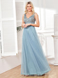 V Neck A-Line Prom Dress Floor-Length Tulle With Sequins Rjerdress