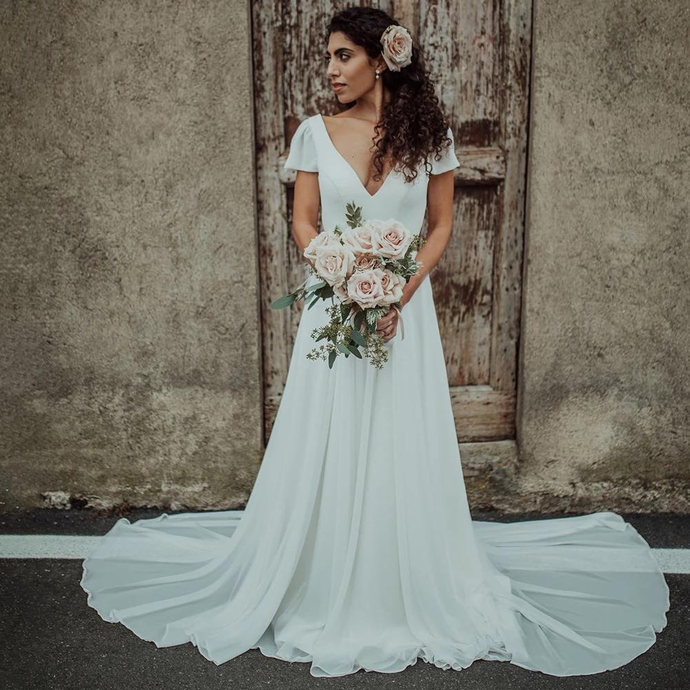 Simple Wedding Dress Chiffon V-Neck Short Sleeves Backless A-Line Long Bridal  Gowns - ShopperBoard