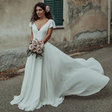 V Neck A Line Short Sleeves Simple Wedding Dresses, Long Bridal Gowns Rjerdress
