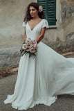 V Neck A Line Short Sleeves Simple Wedding Dresses, Long Bridal Gowns