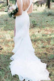 V Neck Backless Sheath White Wedding Dresses Long Simple Bride Dresses Rjerdress