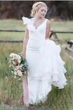 V Neck Backless Sheath White Wedding Dresses Long Simple Bride Dresses Rjerdress