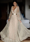 V Neck Beading Gold Wedding Dress with V Back Long Sleeve Prom Dresses