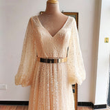 V Neck Beading Gold Wedding Dress with V Back Long Sleeve Prom Dresses Rjerdress