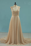 V Neck Bridal Dresses A Line Chiffon With Beads And Embroidery