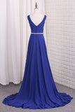 V Neck Bridesmaid Dresses A Line Chiffon With Beads And Slit Rjerdress