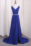 V Neck Bridesmaid Dresses A Line Chiffon With Beads And Slit