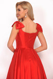 V-Neck Bubble Shoulder A-Line Satin Evening Dress Floor-Length Rjerdress