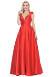 V-Neck Bubble Shoulder A-Line Satin Evening Dress Floor-Length Rjerdress