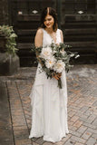 V Neck Chiffon Backless Ivory Straps Wedding Dresses with Lace Long Bride Dresses Rjerdress