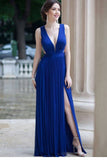 V Neck Chiffon Prom Dresses A Line With Ruffles And Slit Floor Length Rjerdress