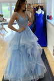 V Neck Fluffy Blue Lace Long Prom Dress, Blue Lace Formal Dress, Layered Blue Evening Dress Rjerdress