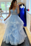 V Neck Fluffy Blue Lace Long Prom Dress, Blue Lace Formal Dress, Layered Blue Evening Dress Rjerdress