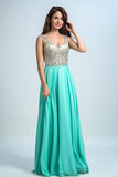 V Neck Formal Dresses A Line Beaded Bodice Sweep Train Chiffon & Tulle