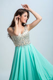 V Neck Formal Dresses A Line Beaded Bodice Sweep Train Chiffon & Tulle Rjerdress