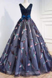V Neck Lace Prom Dresses  A Line With Sash And Beads Sweep Train Rjerdress
