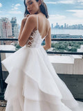 V Neck Lace Top Spaghetti Straps Wedding Dresses, Elegant Ruffles Bride Dresses Rjerdress