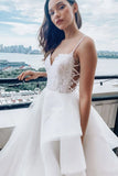 V Neck Lace Top Spaghetti Straps Wedding Dresses, Elegant Ruffles Bride Dresses