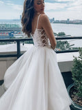 V Neck Lace Top Spaghetti Straps Wedding Dresses, Elegant Ruffles Bride Dresses Rjerdress