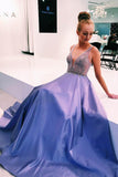 V-Neck Lavender Satin Long Prom Dresses Formal Dress with Beads Top Sleeveless RJS632