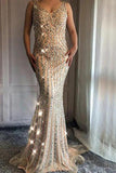 V Neck Long Mermaid Rhinestone Beaded Luxury Prom Dresses Backless RJS453 Rjerdress