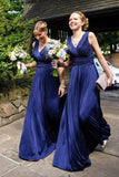 V-Neck  Long Royal Blue A Line Pleats Bridesmaid Dress