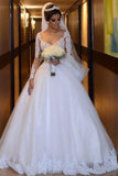 V Neck Long Sleeves A Line Wedding Dresses Tulle With Applique And Sash Rjerdress