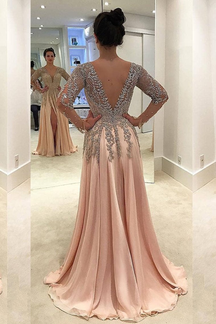 V Neck Long Sleeves Prom Dresses A Line Chiffon With Beads And Slit Rjerdress