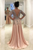 V Neck Long Sleeves Prom Dresses A Line Chiffon With Beads And Slit Rjerdress