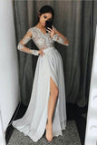 V Neck Long Sleeves Prom Dresses A Line With Applique And Slit Rjerdress