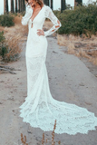V Neck Long Sleeves With Applique Mermaid Wedding Dresses