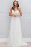 V-Neck Long Tulle A-line White Spaghetti Straps Backless With Bodice Wedding Dresses RrRRRJS395
