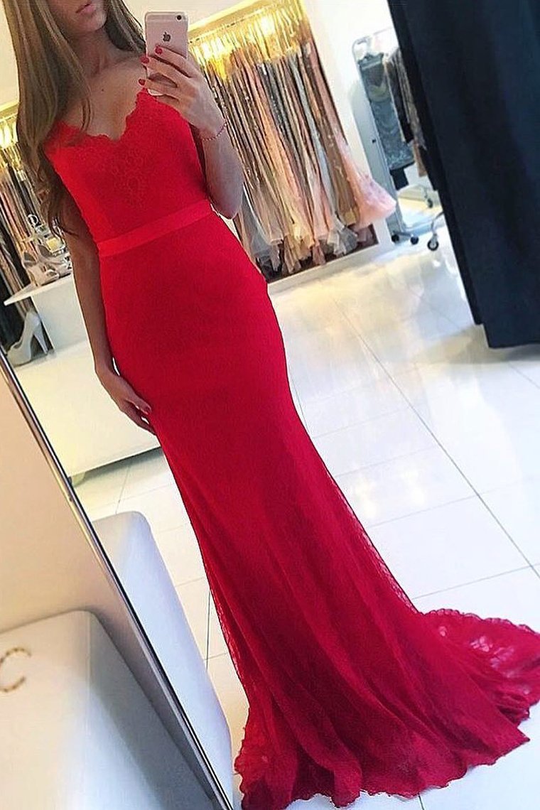 V Neck Mermaid Lace Prom Dresses With Sash Sweep Train Rjerdress
