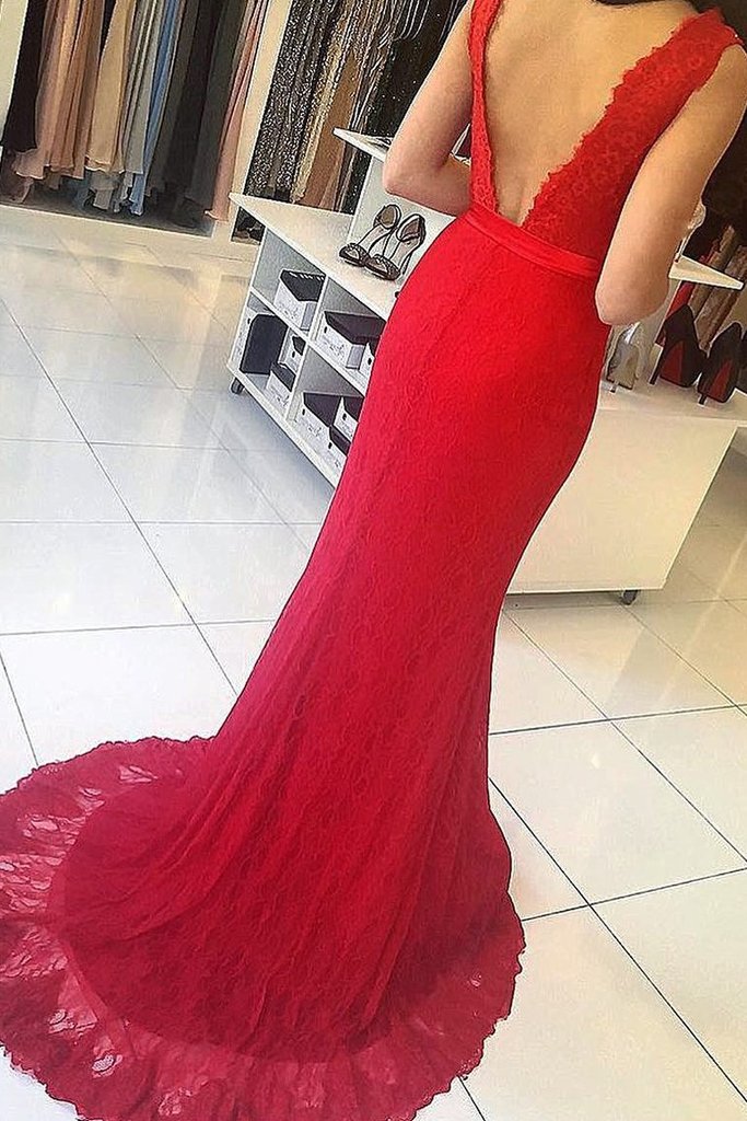 V Neck Mermaid Lace Prom Dresses With Sash Sweep Train Rjerdress