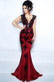 V Neck Mermaid Prom Dresses Satin With Applique Sweep Train Rjerdress