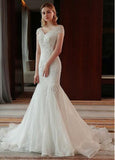 V Neck Mermaid Wedding Dresses Tulle With Lace Appliques Sweep Train Rjerdress