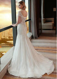 V Neck Mermaid Wedding Dresses Tulle With Lace Appliques Sweep Train