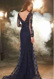 V-Neck Navy Blue Lace Mermaid Long Sleeves Open Back Floor-length Prom Dresses RJS310 Rjerdress