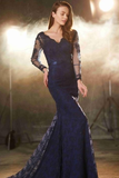 V-Neck Navy Blue Lace Mermaid Long Sleeves Open Back Floor-length Prom Dresses RJS310