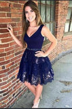 V Neck Navy Blue Straps Beads Lace Homecoming Dresses Short Cocktail Dresses Rjerdress