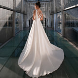 V Neck Open Back A Line Satin Wedding Dresses Rjerdress