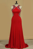 V Neck Open Back Sheath Spandex Party Dresses With Beads Sweep Train