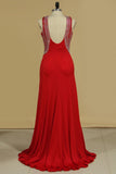 V Neck Open Back Sheath Spandex Party Dresses With Beads Sweep Train Rjerdress