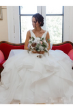 V Neck Organza Ball Gown Wedding Dress With Ruffles Beadings Sash Bride Dress