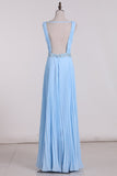 V Neck Party Dresses A Line Backless Floor Length With Beading And Ruffles Rjerdress
