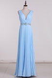 V Neck Party Dresses A Line Backless Floor Length With Beading And Ruffles Rjerdress