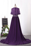 V Neck Party Dresses A Line Chiffon & Lace With Beads And Slit Rjerdress