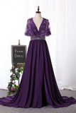 V Neck Party Dresses A Line Chiffon & Lace With Beads And Slit Rjerdress