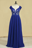 V Neck Party Dresses Cap Sleeves Chiffon With Applique Open Back